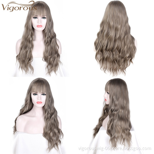 Vigorous Synthetic Long Gray Wigs with Bangs Water Wave Heat Resistant Black Brown Pink Purple Cosplay Wigs for Women